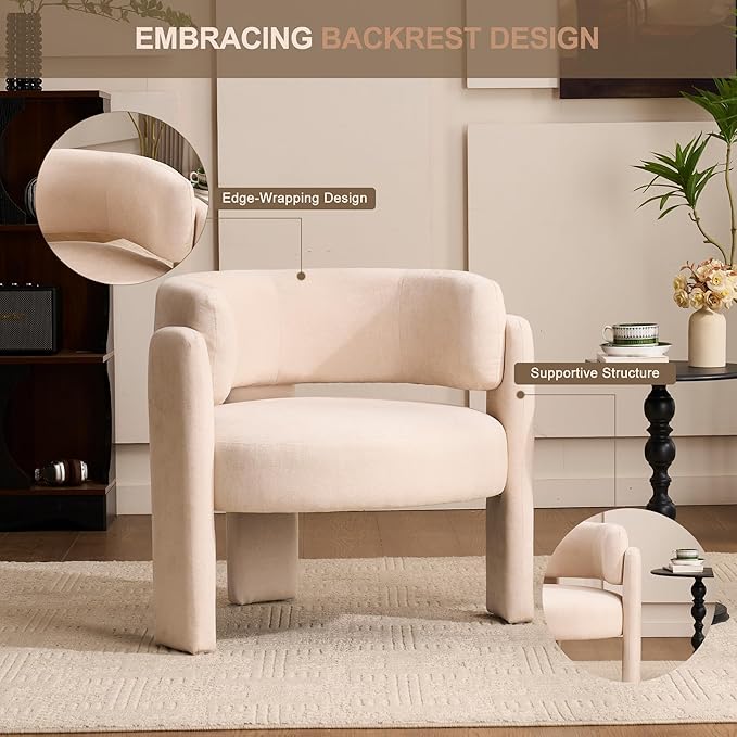 Modern Accent Barrel ChairMid Century Single Armchair with Curved Backrest Upholstered Side Reading Chair with 3 Legs Comfy Sherpa Chair for Bedroom Home Office Living Room (WhiteSet of 2)