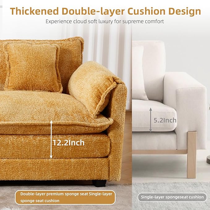 GNIXUU 112 Oversized Sectional Sofa Cloud Couch for Living Room Modern Chenille L Shaped Couch Comfy Boucle Modular Sofa Sleeper with Moveable Ottoman &amp Memory Foam(Musterd Yellow)