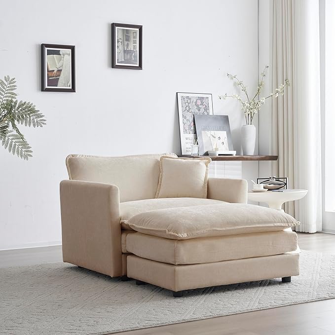 Modern Accent Chair Wide Accent Armchair with Ottoman Upholstered Single Club Chair for Living Room (Chenille Fabric in Beige 1 Seat and 1 Ottoman)