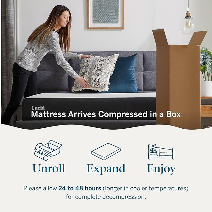 Lucid 8 Inch Memory Foam Mattress - Medium Plush Feel - Infused with Refreshing Bamboo Charcoal and Cooling Gel - Bed in a Box - Temperature Regulating - Pressure Relief - Breathable - Full Size