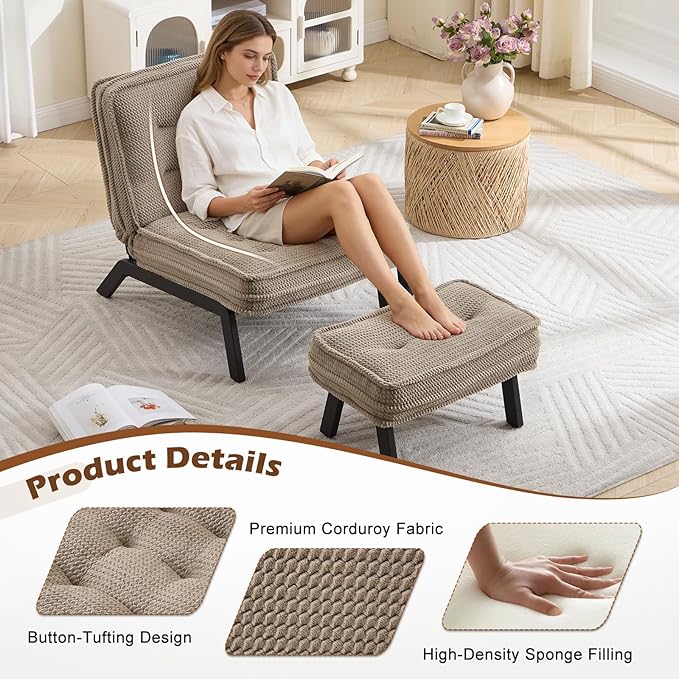 ANJ Accent Chair with Ottoman Adjustable Backrest Khaki Living Room Chair Tufted Upholstered Lounge Chair with Footrest Set Modern Chair Cozy Reclining Chair for Reading Room Bedroom