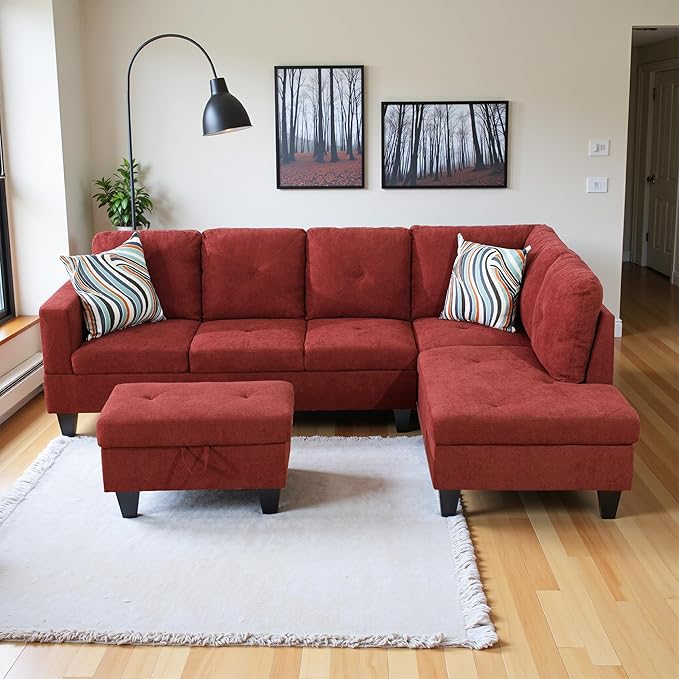 L Shaped Couch Sectional Couch Upholstered Flannelette 3 Pieces Sofas for Living Room with Chaise Ottoman with Storage for Office and Small Apartment Red