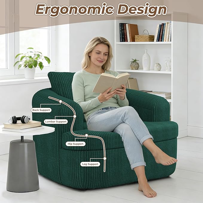 36.6 Swivel Accent Chair 360 Degree Oversized Swivel Barrel Chair for Living Room Modern Corduroy Upholstered Accent Armchair Comfy Boneless Sofa Chair for Bedroom Green
