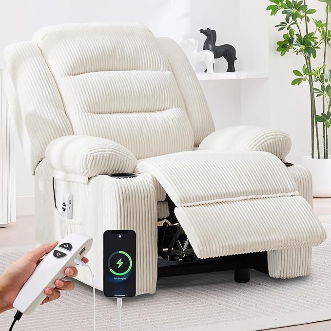 Power Recliner Chair with Cup Holders Electric Recliner Chair for Adults Living Room Reclining Chair Home Theater Seating Lounge Chair (1 Stripe White)