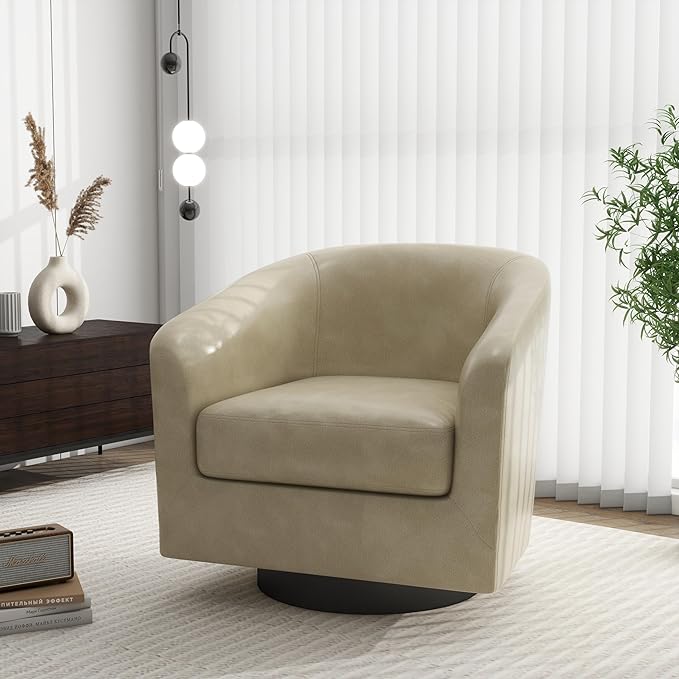 Swivel Barrel Accent Chair Modern Round Faux Leather Arm Chair for Living Room Bedroom Comfy Club Reading Chairs for Adults(Faux Leather Cream Set of 2)