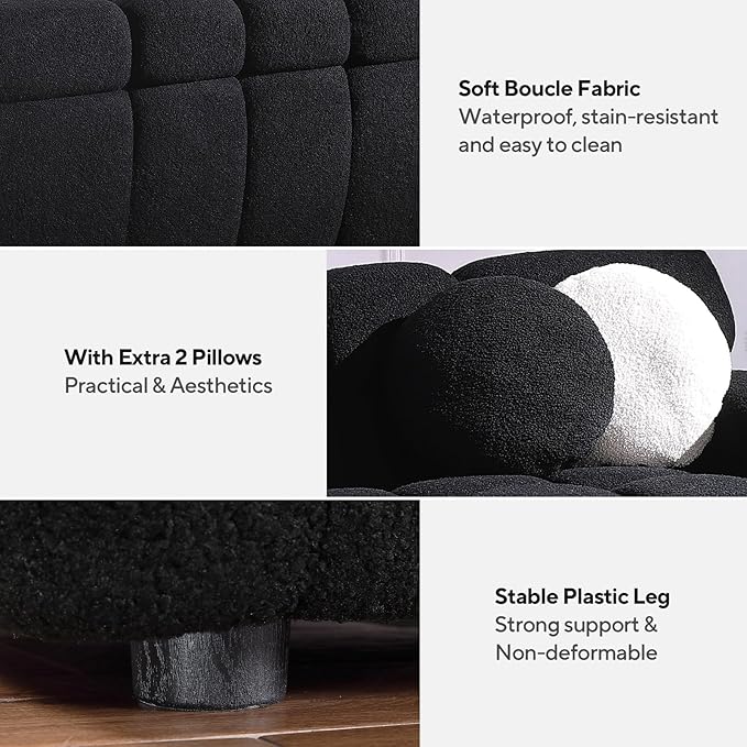 Boucle Sofa for Living Room Cloud Couch with Solid Eucalyptus Frame &amp Cloud Pillow Mid Century Modern Couch for Office Living Room Coffee Room (Black 65-Loveseat)