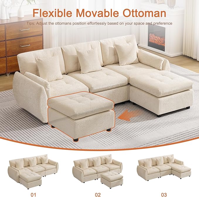 84 L Shaped Modular Sectional Cloud Sofa with Ottoman Deep Seat Tufted Chenille 4-Seater Couch with Curved Arms Beige