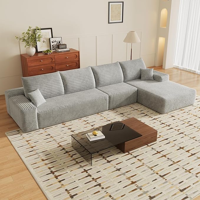 135 Corduroy Couch Sectional with Chaise L Shape Boneless Cloud Couches for Living Room Bedroom Fluffy Deep Seat Compression Sofa Modular Corner Couch No Assembly Right Facing Chaise Grey
