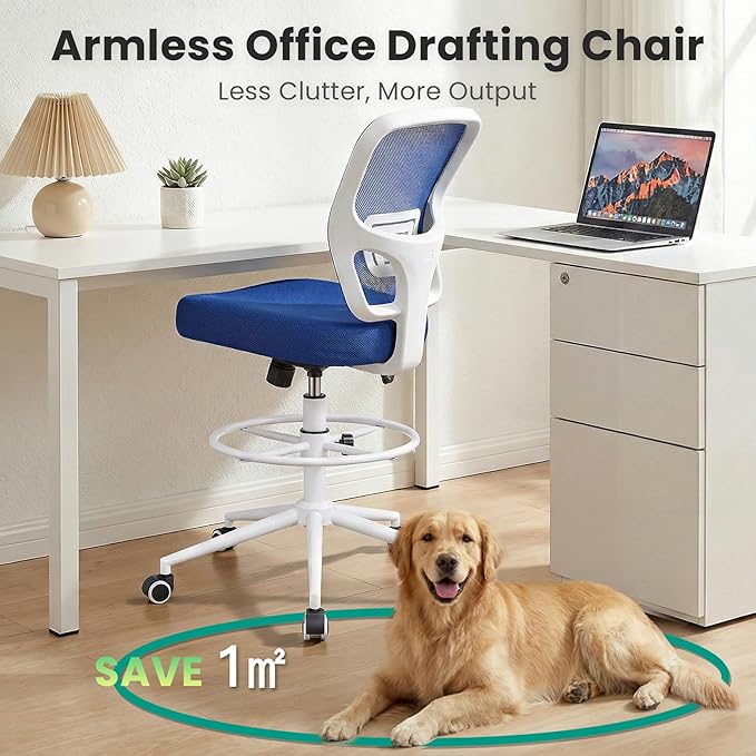 Armless Drafting Chair Tall Office Chair for Standing Desk - Adjustable Height Mesh Ergonomic Stool with Foot Ring Rolling Counter Height Computer Chair for Small Spaces &amp Home Office