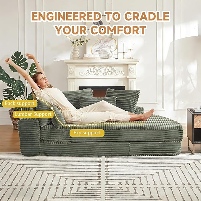 Curved Convertible Futon Sleeper Sofa Bed 78.5 Boneless Couch with Pull-Out Bed Corduroy Semi-Circular Foldable Floor Mattress for Living Room No Assembly Required Right Curved Green