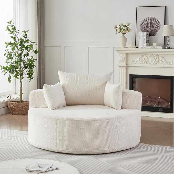 Oversized Round Chaise Lounge Chair Indoor 55W Circle Comfy Armchair with Deep Seat Floor Cloud Boneless Chair Upholstered Modern Cozy Sofa Chairs for Living Room Bedroom(Grid Chenille Beige)