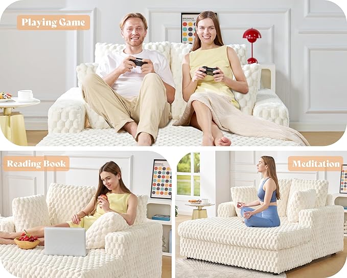 Jocisland 58 Inch Oversized Chaise Lounge Plush Sofa Bed with Throw Pillows and Armrests Upholstered Sleeper Chair- Comfy Chair Bed for Living Room White