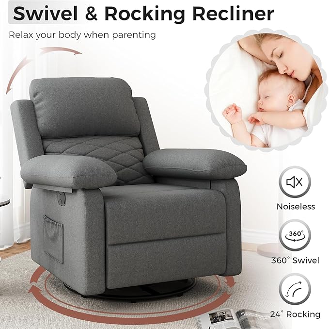 Glider Recliner for Adult Indoor Upholstered Lounge Nursery Chair Swivel Single Sofa with Side Pockets for Living Room Bedroom(Grey)