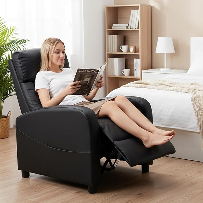 HealSmart Push-Back Massage Reclining Chair Adjustable PU Leather Lounge Seat Comfortable Single Seater for Living Room Bedroom &amp Home Theater Black