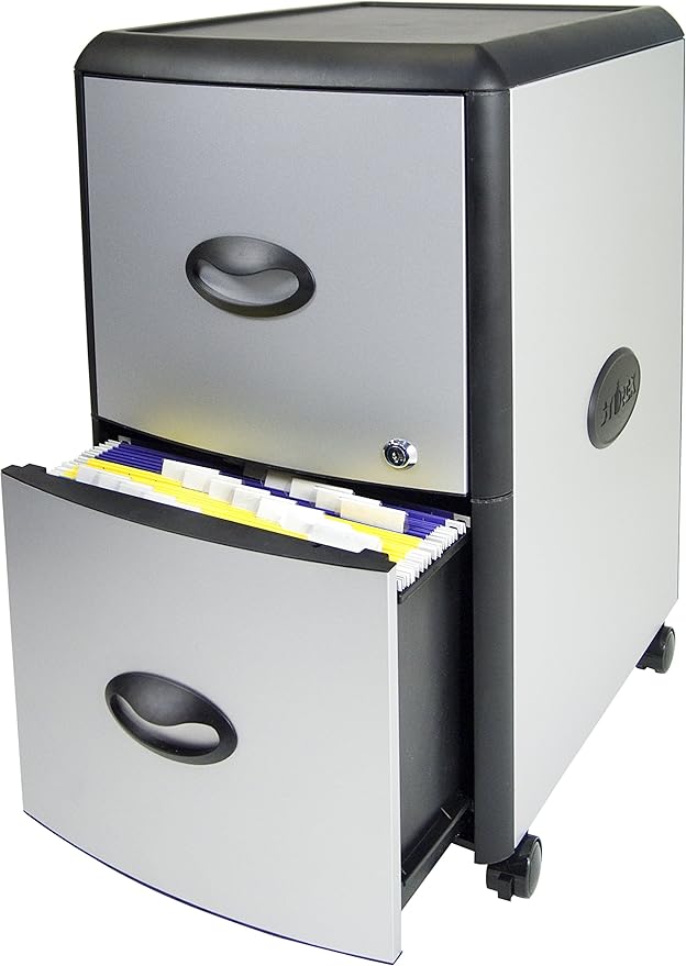 Storex Plastic 2-Drawer Mobile File Cabinet with Metal Accents Flat Top 19 x 15 x 23 Inches Black/Gray (61351C01C)