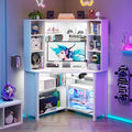 L-Shaped Corner Desk LED Light Computer Desk with Charging Station Hutch Storage Shelves &amp File Cabinet Home Office Desk Workstation for Small Space White