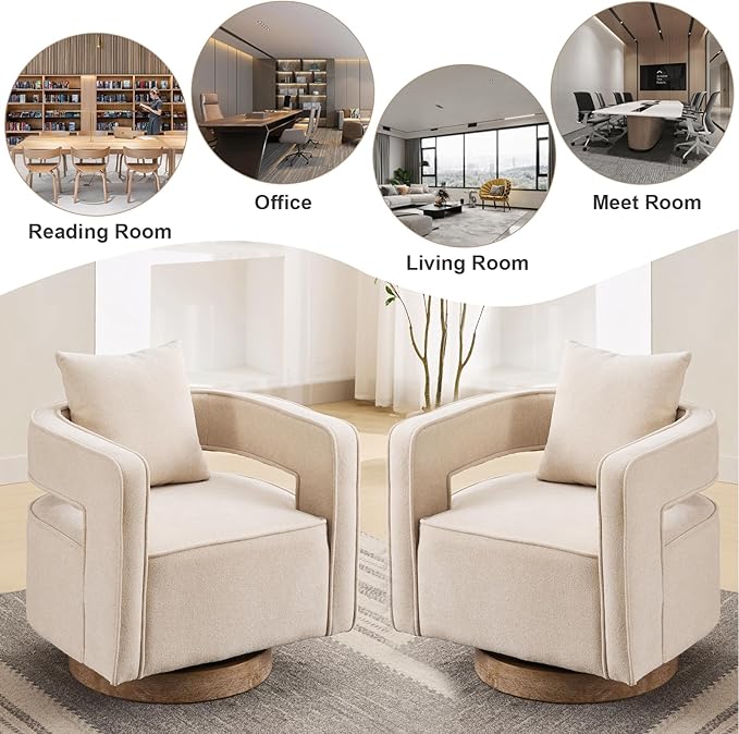 Swivel Accent Chairs Set of 2 Upholstered 360° Round Barrel Arm Chair with Open Back &amp Wood Base Comfy Linen Blend Square Single Club Chair for Living Room Bedroom Office Hotel Reception (Beige)