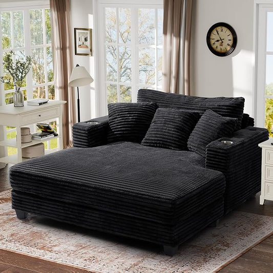 HUSFU 60'' Oversized Chaise Lounge Chair Indoor Fluffy Plush Faux Fur Upholstered Sleeper Sofa Bed Chaise Lounge Reading Chairs w/USB&ampType C Port Cozy Lazy Couch for Living Room Black