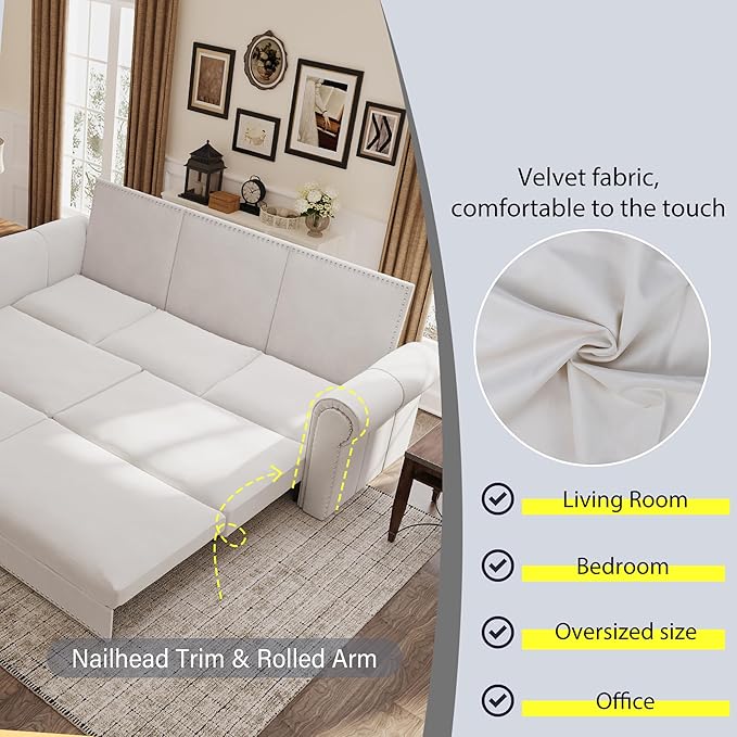 93.7 Velvet Convertible Sleeper Sofa 3 in 1 King Size Pull Out Sofa Bed Loveseat Couch for Living Room Bedroom Cream White
