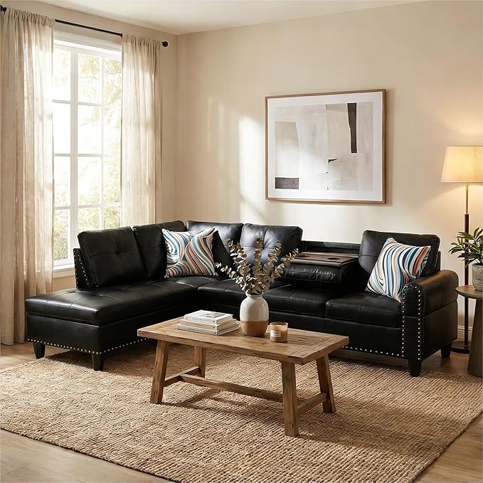 L-Shaped Sectional Couch with Cup Holders Leather Living Room Sofa with Lounge Chaise Modern 4 Seater Sofa Couch for Living Room Small Apartment &amp Office Black