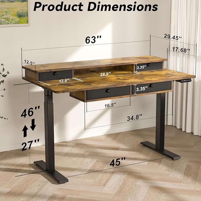 FiCiHi Adjustable Height Standing Desk with 4 Drawers63 x 30 inches Electric Sit Stand Home Office Desk with Two Tiers 3 Memory Presets Monitor Stand Riser USB A/C Charging Port