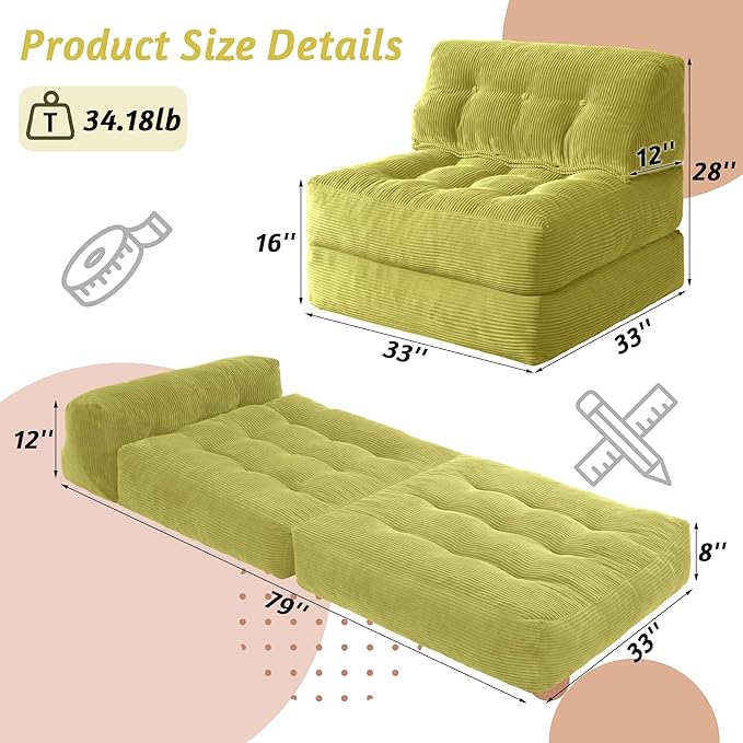 HABUTWAY Folding Sofa Bed Convertible Sleeper Chair Bed with Pillow &amp Handle Foldable Mattress with Back Support Portable Single Couch Comfy Floor Sofa Lounge for Living Room Bedroom(Green)