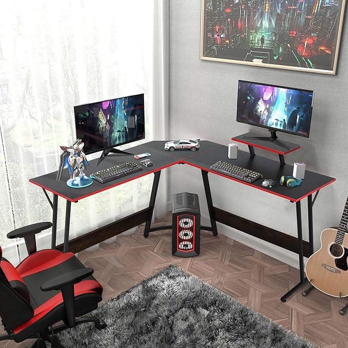 L Shaped Gaming Desk Modern Computer Desk Home Office Desks with Large Monitor Riser Stand Sturdy PC Desk for Bedroom Minimalist Black 50Inch