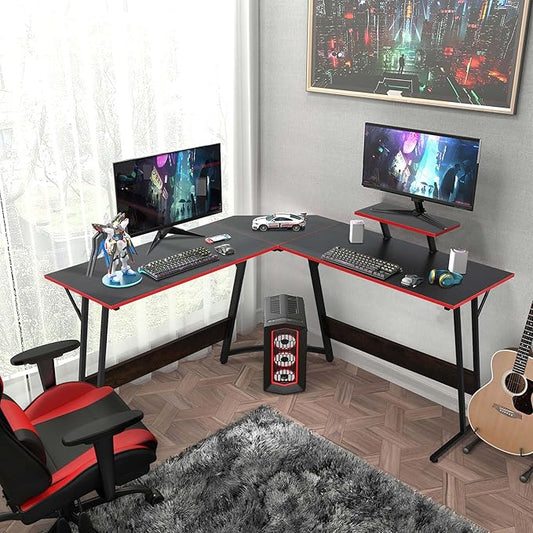 L Shaped Gaming Desk Modern Computer Desk Home Office Desks with Large Monitor Riser Stand Sturdy PC Desk for Bedroom Minimalist Black 50Inch