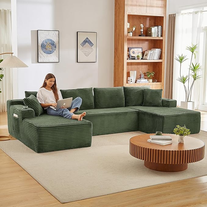 134 Oversized U Shaped Cloud Couch Boneless Modular Sectional Sofa for Living Room 5 Seat Couch with Storage Pockets &amp Cup Holders Free Combination No Assembly Required Green