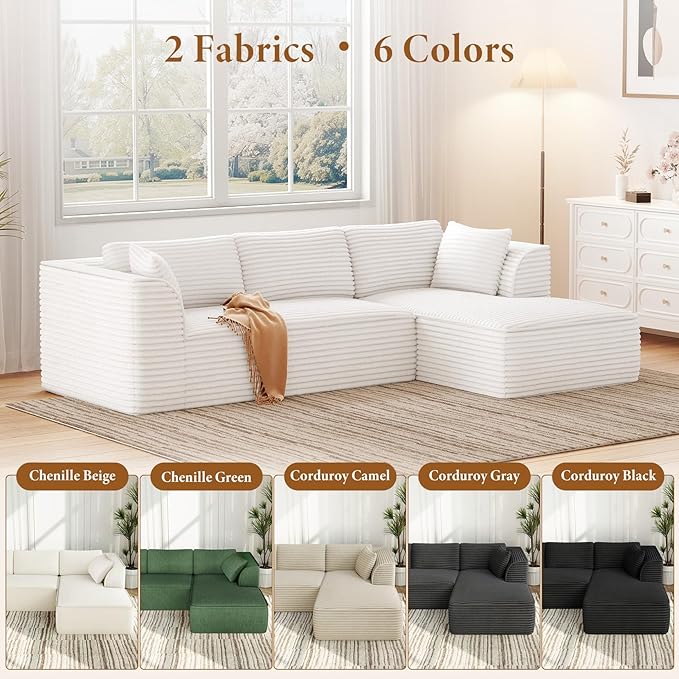 Vesgantti 106 Modular Sectional Sofa with Chaise Deep Seat Comfy Cloud Couch Corduroy L Shaped Sofa Sectional Couches for Living Room Bedroom No Assembly Required (Beige Right-Facing Chaise)