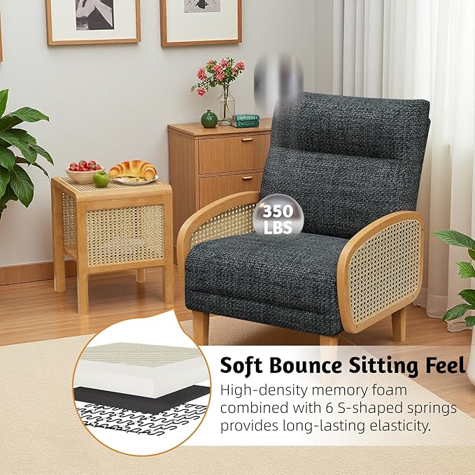 Rattan Accent Chairs Set of 2 Arm Chair with High Resilience Cushion Armchair with Sturdy Ash Wood for Living Room Dark Gray