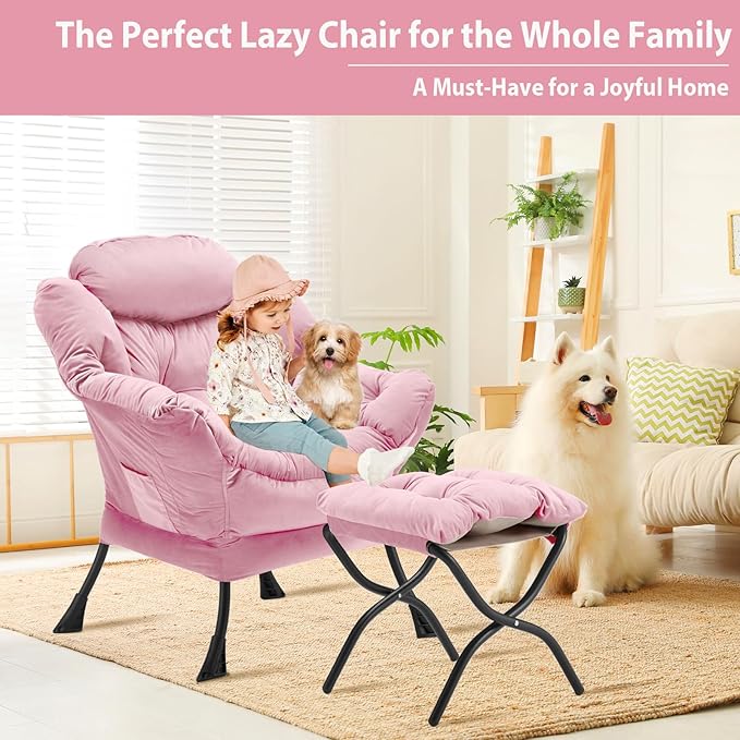 Lazy Chair with Folding Ottoman Accent Chair Velvet Upholstered with Metal Structure and Non-Slip Pads Sofa Armchair with Footrest and Side Storage Bag for Dorm Room Office Pink
