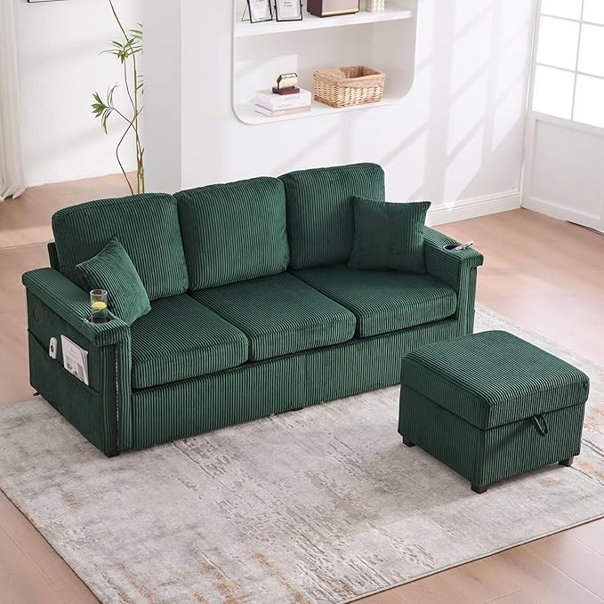 76'' Sectional Sofa Couches for Living Room 3 Seat L-Shaped Couch with Storage &amp Ottoman Corduroy Convertible Sofas with Chaise Apartment with USB Charging Cup Holder (Emerald)