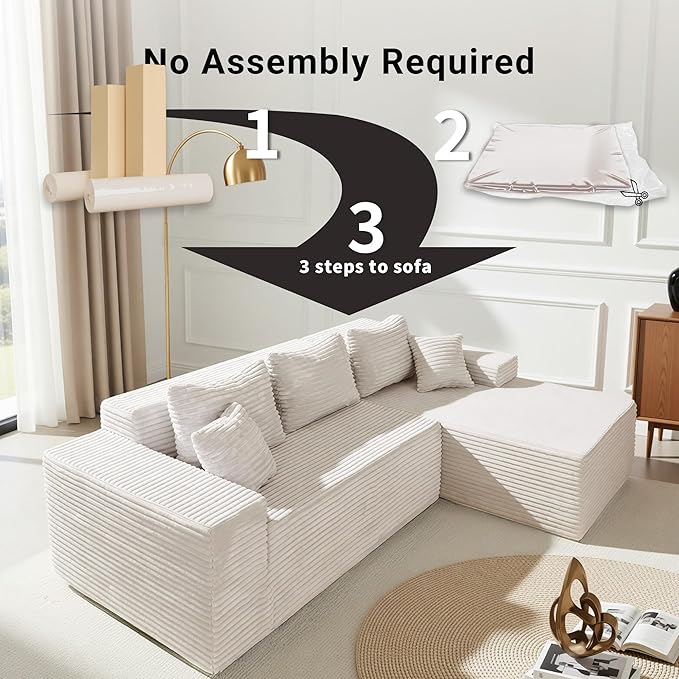 Claiks 104 Boneless Couch Cloud Couch Sectional L-Shape Corduroy Modular Sectional Sofa Deep Seat Upholstered Couches for Living Room No Assembly Required Beige Right Facing Chaise