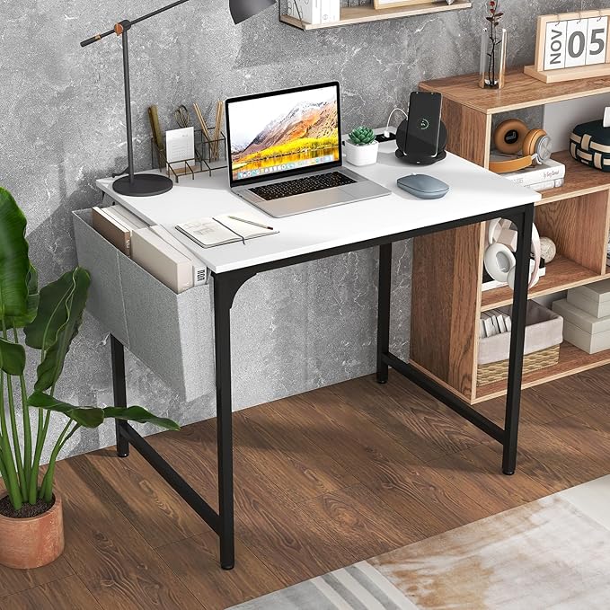 Giantex 32 Inch Computer Desk with Charging Station Home Office Writing Desk with Storage Bag &amp Headphone Hook Compact Gaming Table PC Workstation Modern Simple Laptop Desk for Bedroom Study