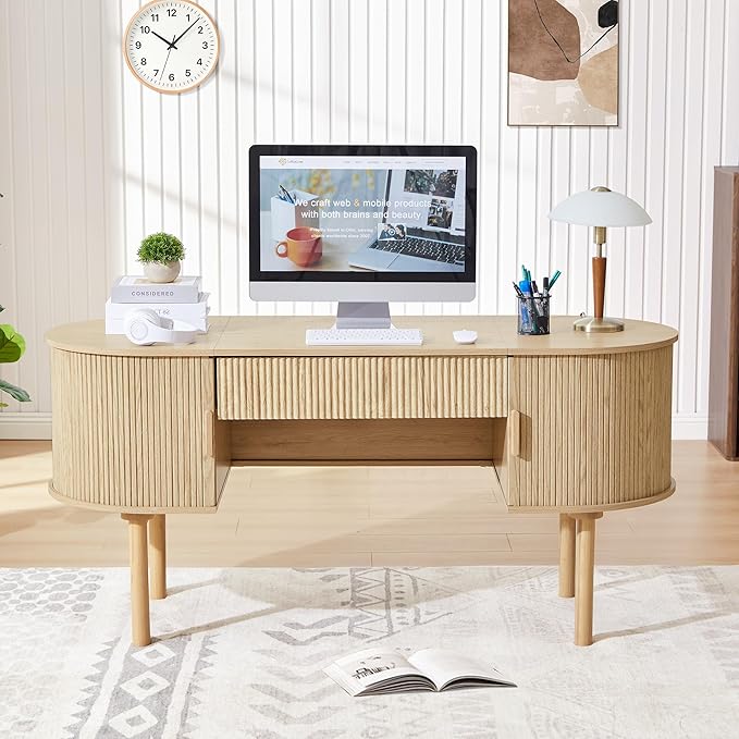 ORRD Home Office Oval Desk with Sliding Tambour Door and Drawer Modern Fluted Wood Executive Computer Storage Desk for Study Living Room Bedroom Office - Natural