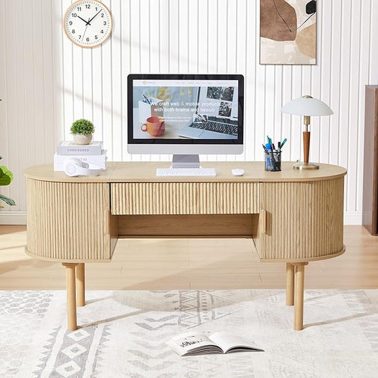 ORRD Home Office Oval Desk with Sliding Tambour Door and Drawer Modern Fluted Wood Executive Computer Storage Desk for Study Living Room Bedroom Office - Natural