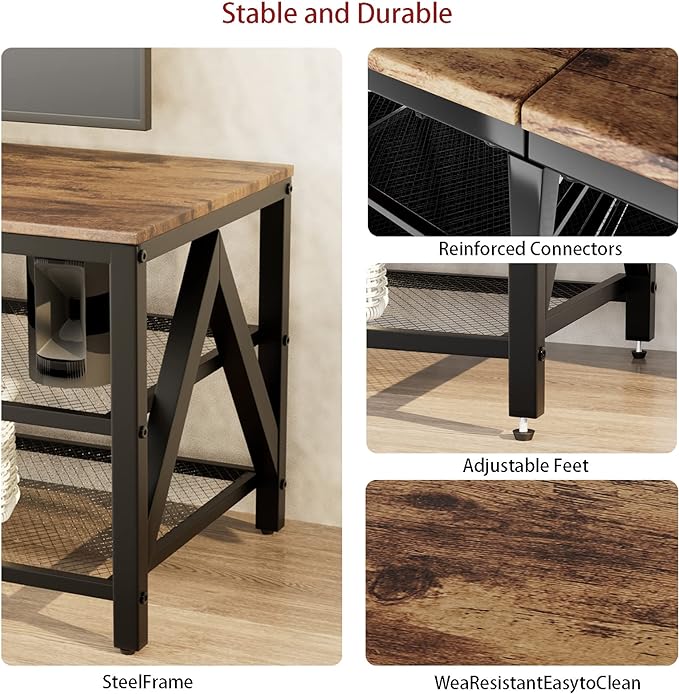 TV Stand for TVs up to 65 Inch 55 Long Industrial TV Console Table with 3-Tier Storage Shelves Entertainment Center for Living Room Bedroom (Brown)