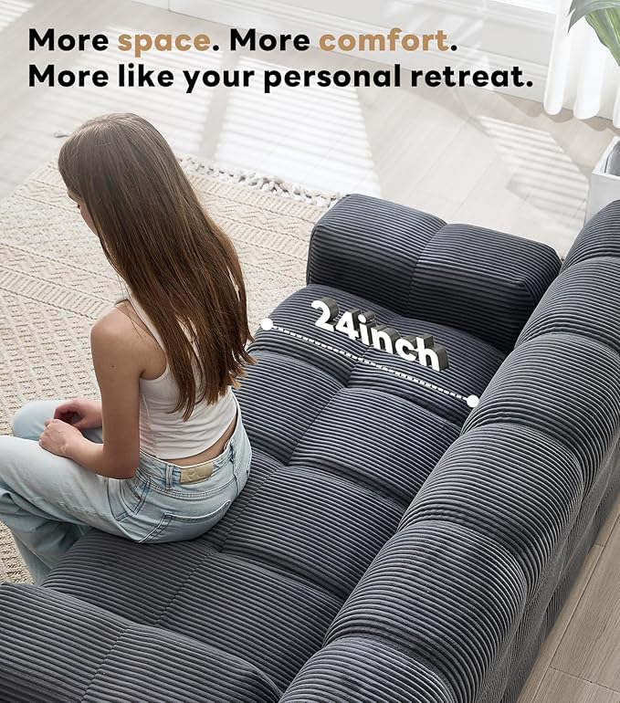 Tbfit Boneless Loveseat SofaComfy Tufted Cloud Couch Modern Living Room Floor Sofa Chair Corduroy Grey