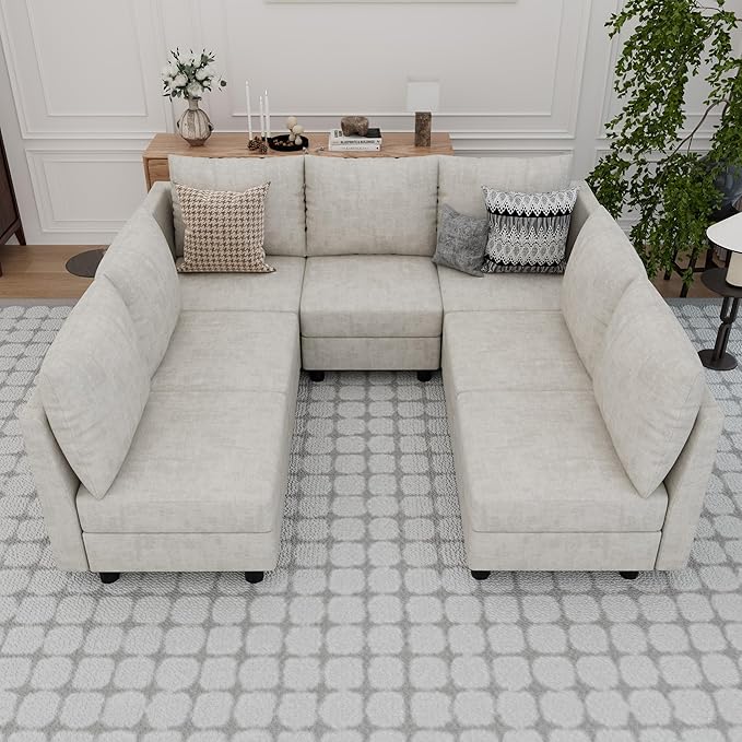 Fiona's magic Modular Sectional Sofa Set 7 Seats Sleeper Sofa Couch with Storage Sectional Sofa Couch with USB Charging Port Modern Comfy Chenille Couch for Living Room Beige