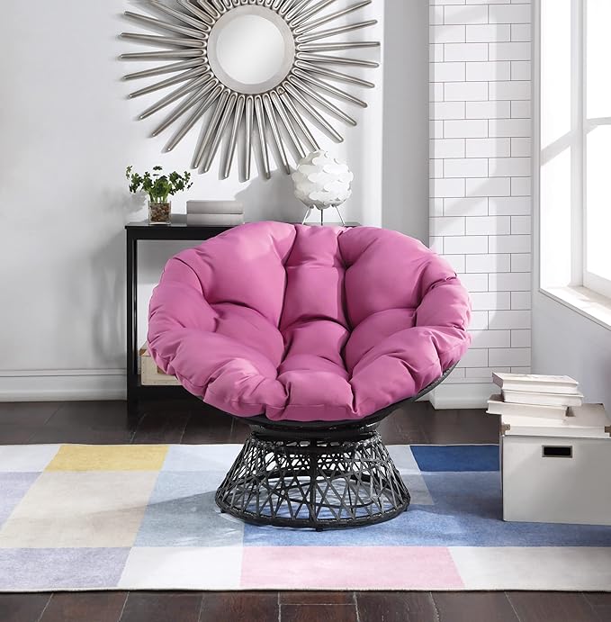 OSP Home Furnishings Wicker Papasan Chair with 360-Degree Swivel Grey Frame with Purple Cushion