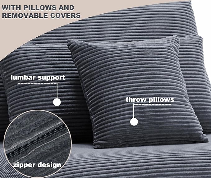 87 Modular Sectional Loveseat Sofa with Storage Ottoman Corduroy 2-3 Seater Couch for Small Spaces Oversized Love Seat Couches for Living Room Bedroom Home Office Sofa with Deep Seats (Dark Grey)