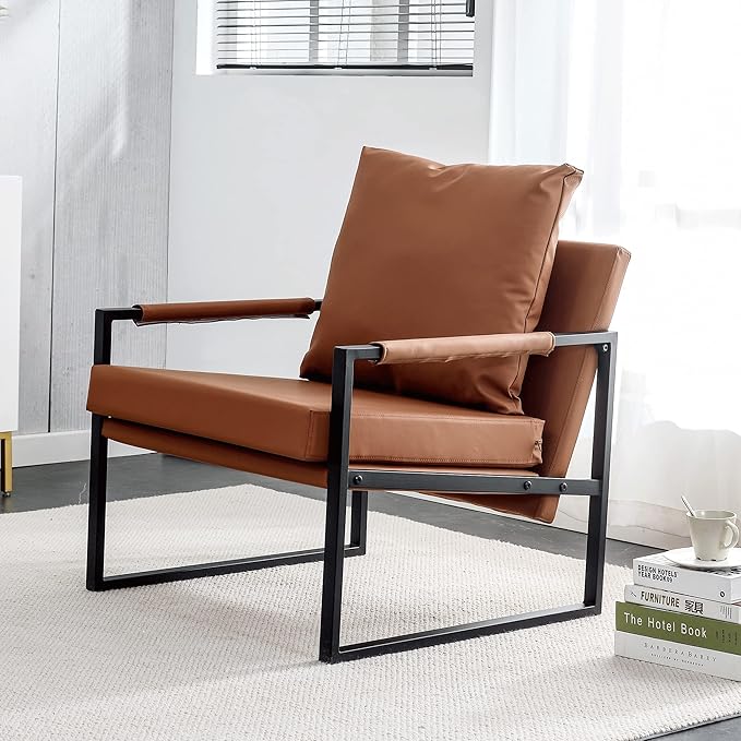PU Leather Accent Arm Chair Mid Century Modern Upholstered Armchair with Metal Frame Extra Thick Padded Backrest and Seat Cushion Sofa Chairs for Living Room (Brown PU Leather Metal Frame Foam)