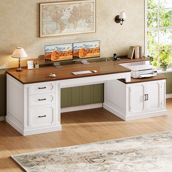 SEDETA 70.9 Executive Desk Farmhouse Office Desk with Drawers and Storage Cabinet Power Outlet Computer Deskfor Home Office Work Study Writing White