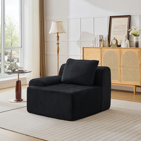 Modular Sectional Sofa Boneless Couches for Living Room Corduroy Couch Big Comfy Couch Modular Cloud Sofa with Deep Seat (Black 1 Piece-Left Armchair)