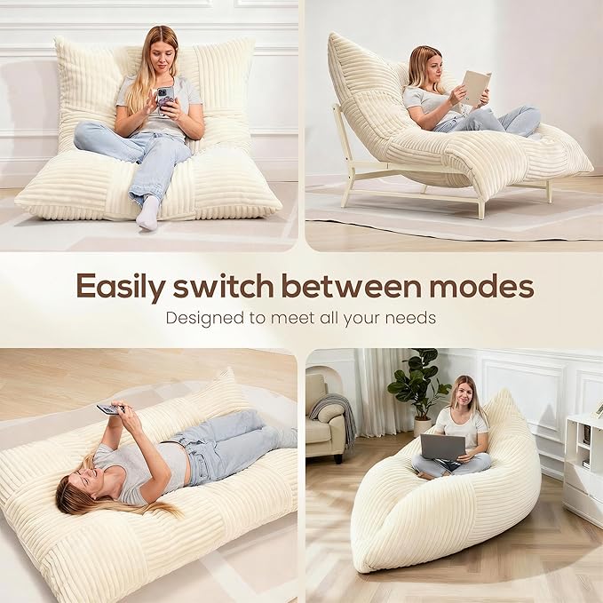 Modern Accent Chair Giant Bean Bag Lounge Chairs with Sturdy Metal Frame &amp Washable Cover Comfy Upholstered Chair for Reading Room Bedroom Cream