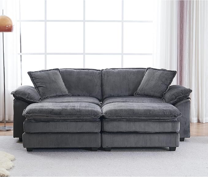 84.6” Corduroy Loveseat with Ottoman Oversized Double Chaise Lounge Chair Indoor Deep Seat Two Seater Couch Cloud Couch Modular Sectional Sofa for Living Room(Corduroy Grey)