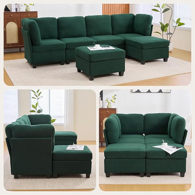113.39 Modular Sectional Sofa 6 Seaters Sectional Sleeper Sofa U Shaped Couch Comfy Convertible Couches with Ottomans Oversized Modular Sofa with Large Storage for Living Room (Emerald)