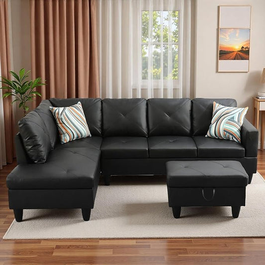 L-Shaped Sectional Sofa with Movable Chaise &amp Storage Ottoman Leather 3-Piece Modular Convertible Couches for Living Room Apartment &amp Office Black