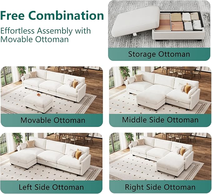 Modular Sectional U Shaped Sofa Couches for Living Room Cloud Couch with Storage Ottoman Comfy Chenille Sofa with Pillow Beige